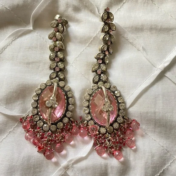 Rhinestone Dressy Earrings Pink Silver Long Black Tie Prom Homecoming Weddings - Picture 3 of 6